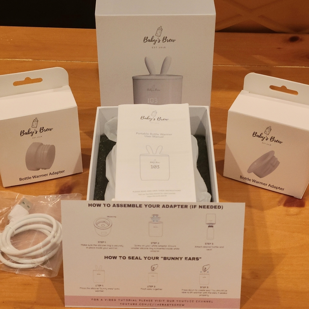 NIB Baby's Brew Portable Bottle Warmer w/ 2 charging cords and 2 bottle adapters